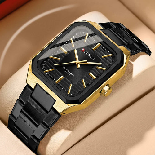 CURREN Black & Gold Square Dial Quartz Watch For Men