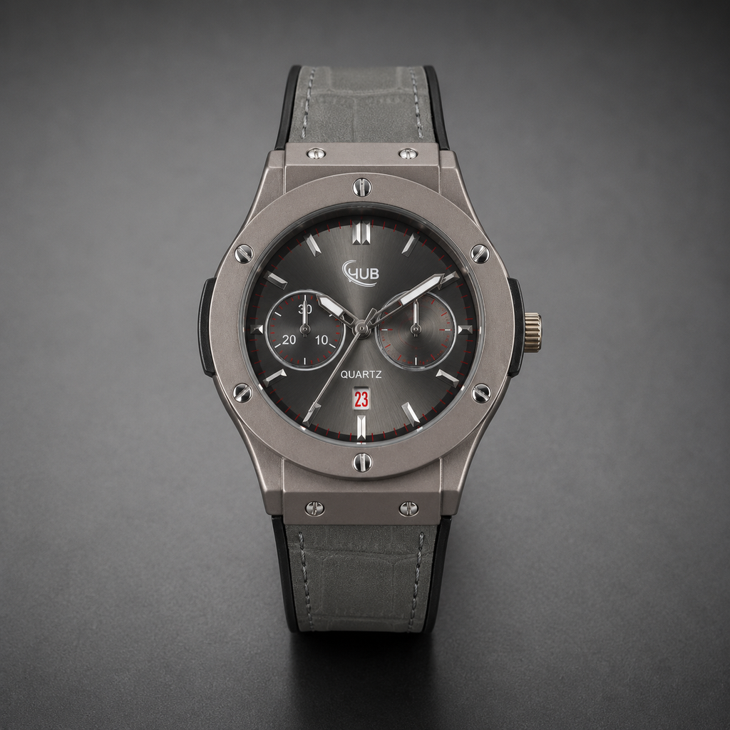 HUB Grey Dial Men's Quartz Watch | Premium Leather Strap | Business Casual Watch