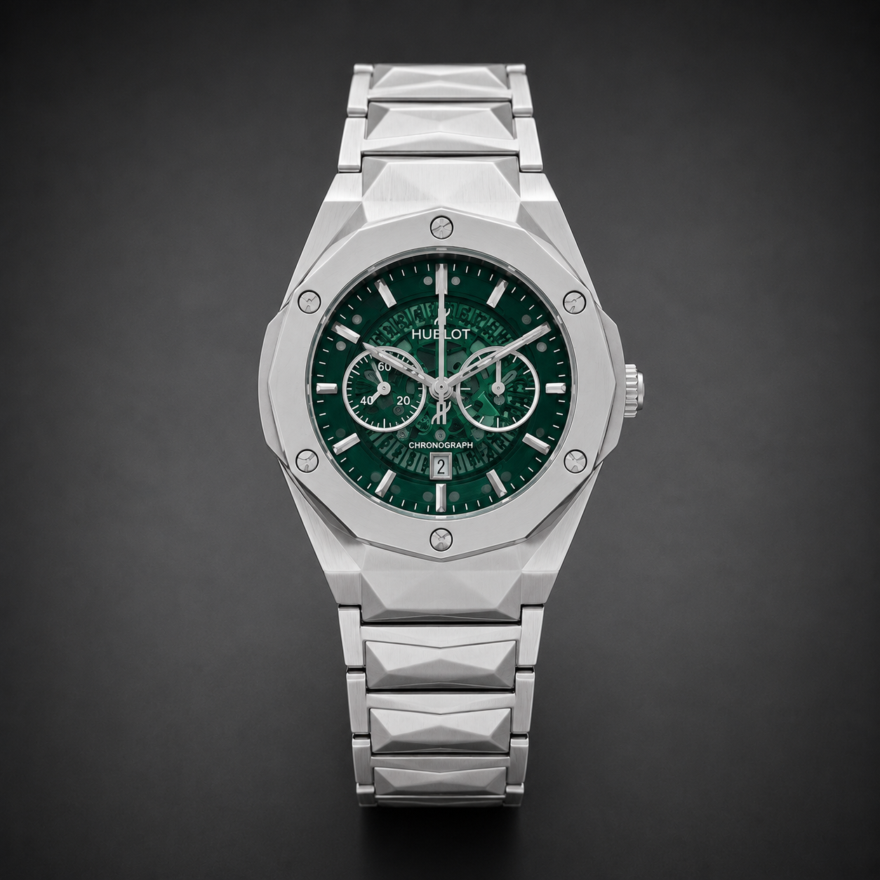 HUBLOT Green Skeleton Dial Men's Stainless Steel Watch | Luxury Chronograph Style