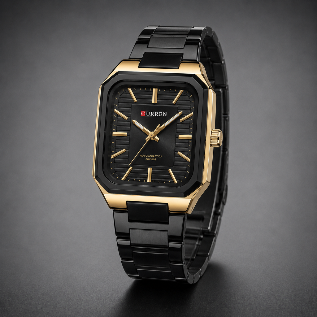 CURREN Black & Gold Square Dial Quartz Watch For Men
