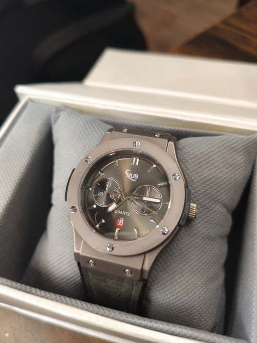 HUB Grey Dial Men's Quartz Watch | Premium Leather Strap | Business Casual Watch